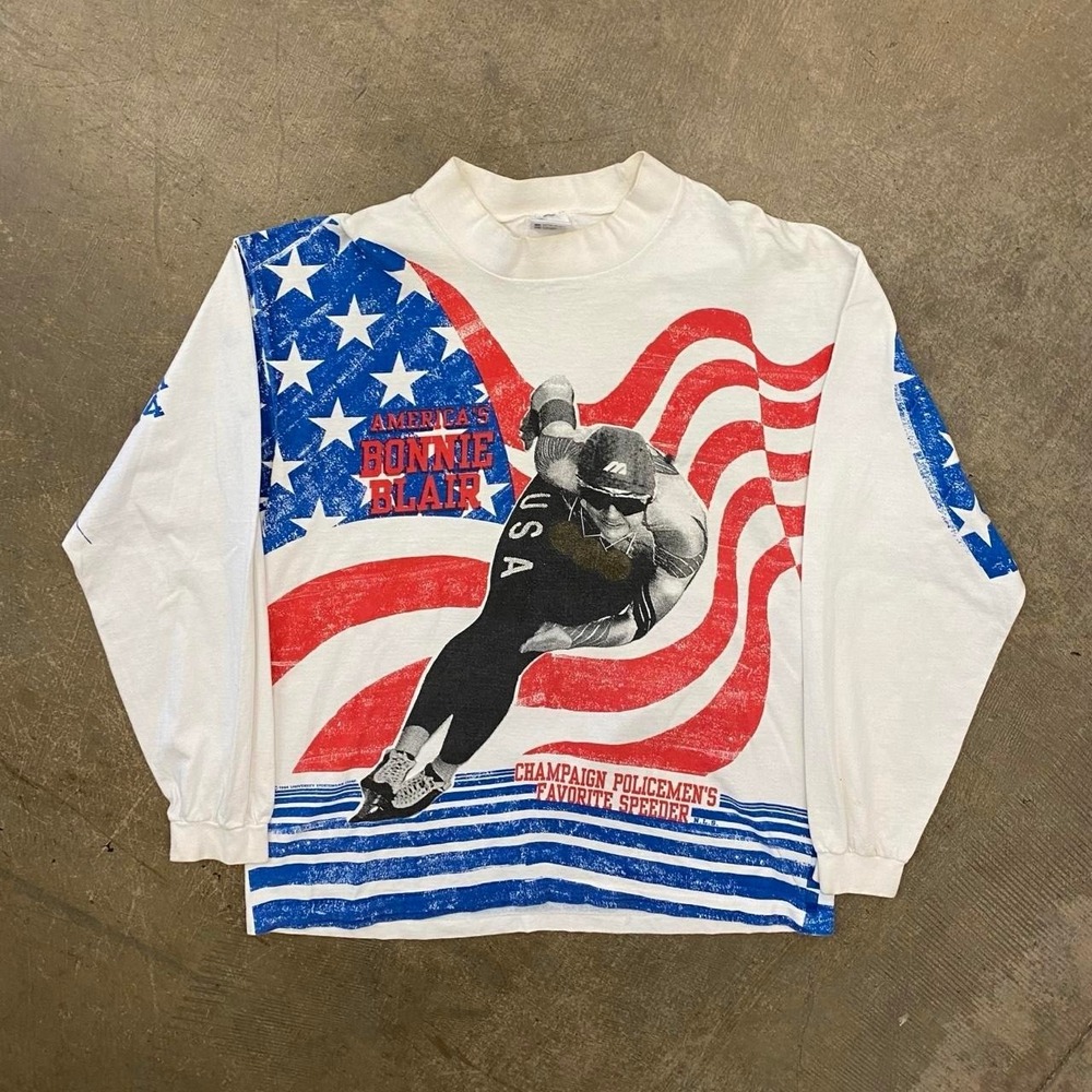 Vintage 90s Olympic Bonnie Blair Speed Skating AOP American Longsleeve Shirt XL
